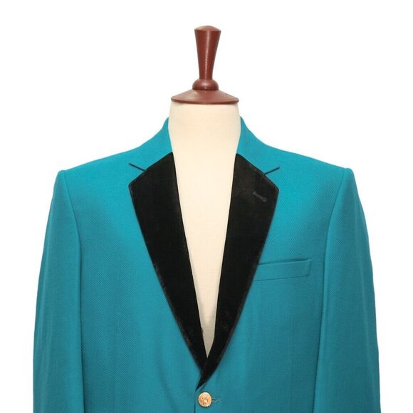Mens Blazer Turquoise Wool Velvet Formal Tuxedo Jacket Wedding Sport Coat 44R - Picture 3 of 8